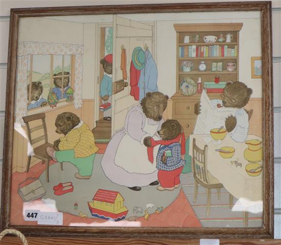 A coloured nursery print of anthropomorphic bears, 43 x 50cm